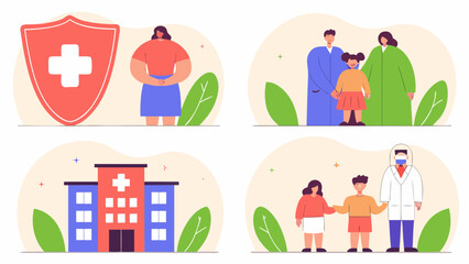 Naklejka premium Collage showing a woman with a shield, a family, a hospital and children with a doctor on transparent background silhouette