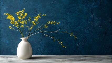 Simple vase with yellow flowers against a deep blue backdrop
