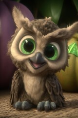 In a foggy forest, a cheerful animated owl with big green eyes hoots softly, creating a calm, mystical vibe