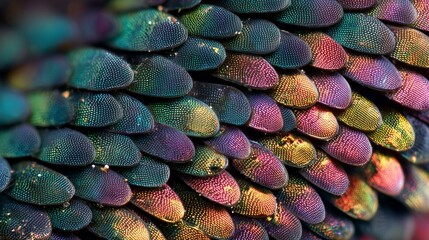 Macro closeup of iridescent insect scales with colorful texture
