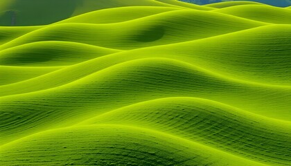 Vibrant, undulating green hills stretch across a surreal, dreamlike landscape under a soft blue sky.