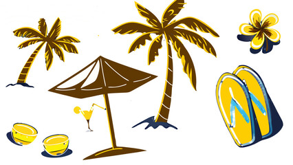 Illustration of beach scene with palm trees, umbrella, lemons, and flip flops on white background on transparent background silhouette