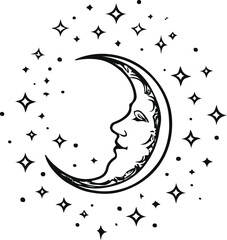 Elegant outline of moon with stars around 2