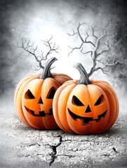 Bright orange pumpkins with spooky faces shine in the moonlight, adding a festive touch to the Halloween scene