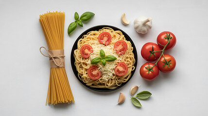 uncooked Spaghetti with Tomatoes Cheese Basil and Garlic Top Down View on White Background