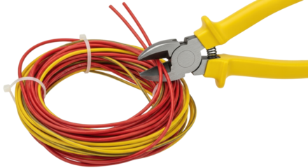 Isolated electric pliers cutting electrical wires red and yellow. Electrician working tools