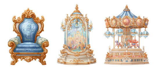 Fototapeta premium Elegant Colorful Decorative Chair, Carousel, and Fairytale Structure