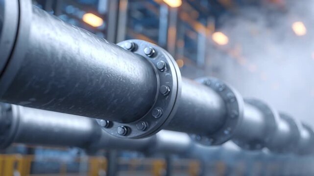 Industrial Pipeline: An artistic perspective of industrial pipelines, crafted from polished metal, traversing a misty indoor factory setting, highlighting the crucial conduits in industry