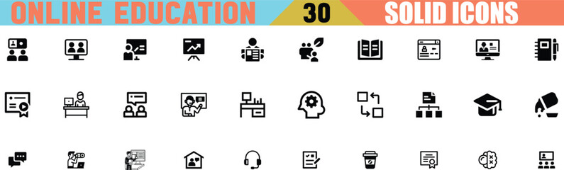 Set of 30 solid icons for online education and e-learning concepts vector