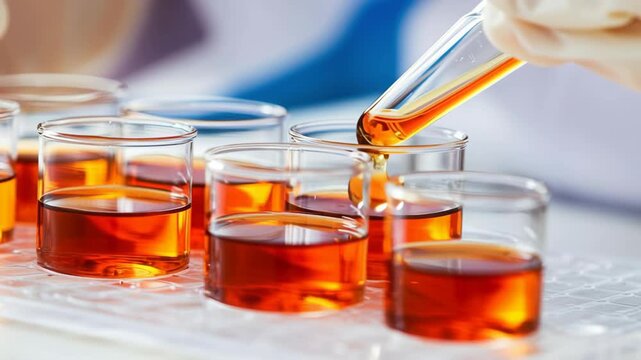 Calm focused laboratory and lab research experiment analysis with orange cell culture media glass vessel beaker and petri dish, pipette microplate