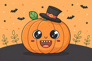 Cute monster pumpkin kawaii spooky Halloween festive illustration Vector.
