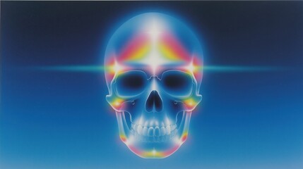 The Radiance of Mortality: A digital composition presenting a holographic skull, imbued with a spectrum of ethereal light, sparking contemplation on life's transience.
