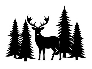 deer with pine trees and forest scenery silhouette vector