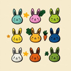Obraz premium Hand-Drawn Cartoon Rabbits in Various Colors and Expressions for Designs