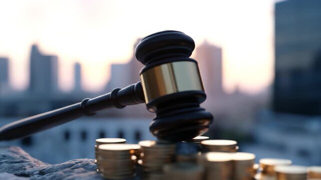 Gavel on coin stack with cityscape legal finance and justice concept