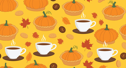 Autumnal pumpkin pie and coffee pattern.