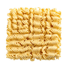 of uncooked instant noodles presents a complex textural arrangement of coiled, wavy strands, exhibiting a pale yellow hue against a stark black background, emphasizing the food's raw form.