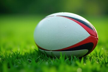 Close-up of rugby ball on lush green field, dew drops visible , close-up, background