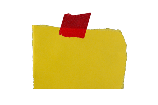 Torn yellow paper note with red adhesive tape, isolated scrap of textured sheet, ripped edges and sticky tape for collage, reminder or design element on transparent background