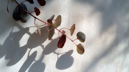 Eucalyptus branch with red stems casting shadows on textured wall