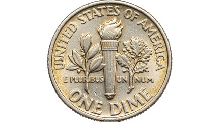 Isolated US ten cent dime coin showing torch, olive branch, oak branch with "E Pluribus Unum"