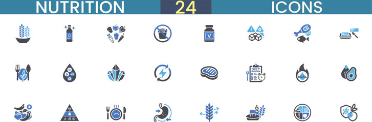 Collection of 24 nutrition icons representing healthy eating and wellness concepts vector