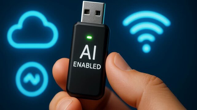 AI Enabled USB Drive Showcasing Connectivity with Cloud and Wi Fi Symbols, Representing Modern Technology and Digital Innovation