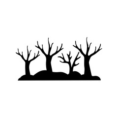 Silhouette illustration featuring a cluster of bare trees on a white background
