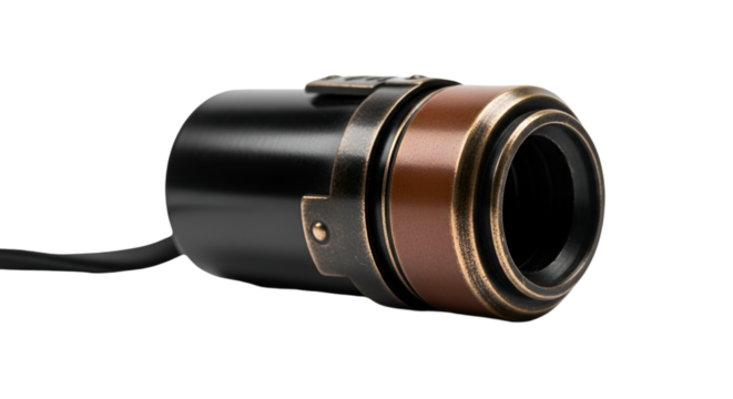Vintage style camera lens with brass and leather accents