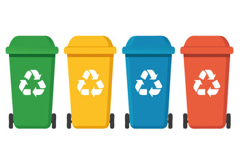 Four Colorful Recycling Bins with White Recycle Symbols for Waste Management