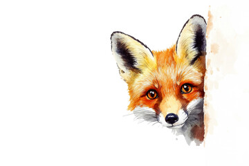 Obraz premium Watercolor of a fox peeking from behind wall isolated on transparent background
