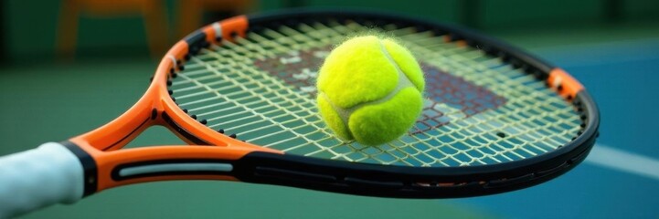 Close-up of tennis racket striking yellow ball, power, strings, details