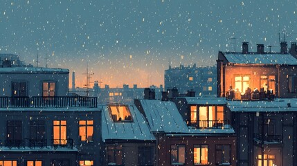 Falling snowflakes gently drift over city rooftops at dusk, illuminating warm, inviting lights from apartment windows, creating a cozy, peaceful atmosphere in a wintry urban scene, evoking feelings...