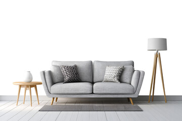 Fototapeta premium Gray fabric sofa with wooden table vase and floor lamp in living room isolated on transparent background