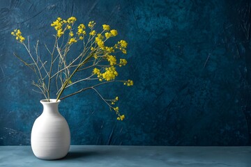 Simple vase with yellow flowers against a deep blue backdrop