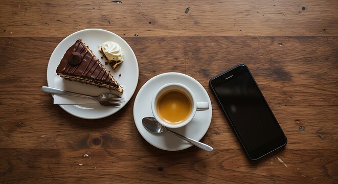Coffee break with a slice of chocolate cake and a smartphone on a wooden table