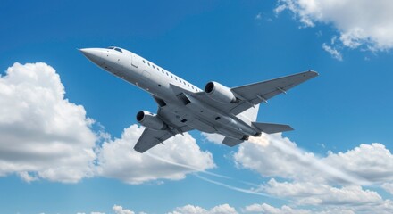 Fototapeta premium An airplane flying high in the sky leaving a white trail with beautiful white clouds for your