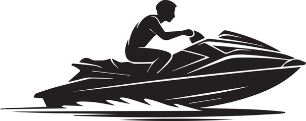 Sleek Black Vector Silhouette Icon of Person Riding a Jet Ski or Personal Watercraft