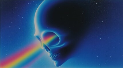 Celestial Specter: A surreal depiction of an extraterrestrial being against a deep blue cosmic backdrop. Featuring an otherworldly visage and a rainbow beam.