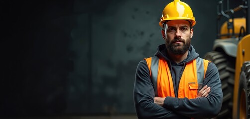 Bearded man construction worker wears yellow hard hat and orange safety vest. He stands arms crossed near heavy machine at building site. Professional labor ready for work.
