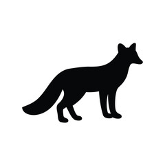 Simple and sleek black silhouette of a fox standing on white background