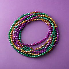 Mardi Gras Beads Coiled in Circle on Purple Background