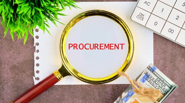 Concept of procurement. Animation of the PROCURATION text through a magnifying glass on a piece of paper, top view