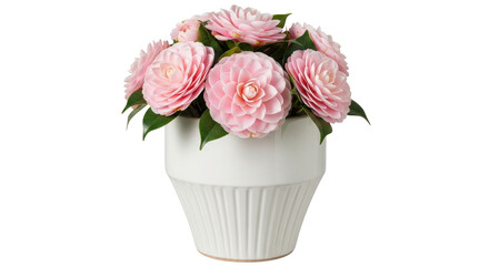 Isolated pink camellias, floral composition in a white pot, home decor arrangement