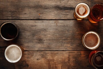 Top view of various craft beer glasses with foam on rustic wooden table background, perfect for bar menus, brewery promotions, restaurant advertising, and digital marketing