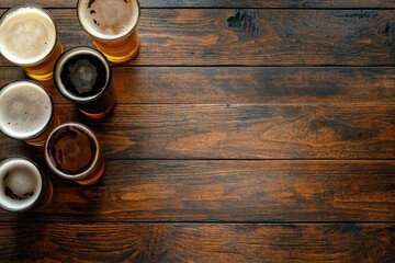 Top view of assorted craft beer glasses on rustic wooden table with copy space, ideal for bar promotions, beverage advertising, menus, and digital marketing designs