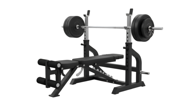 Weightlifting Bench With Barbell And Weight Plates