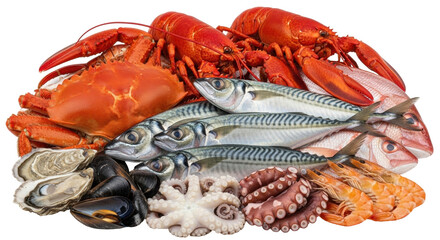 Isolated seafood plate of freshly caught fish, lobster, crab, oysters, mussels, octopus and shrimp