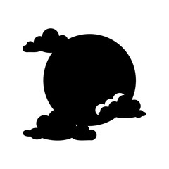 Silhouette of full moon obscured by soft, puffy cumulus clouds