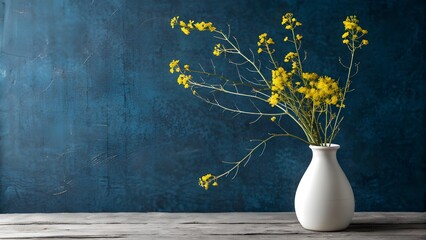 Simple vase with yellow flowers against a deep blue backdrop